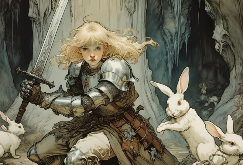 00018-618230274-Art by Arthur Rackham. Closeup of a playful and chaotic scene of a blonde knight fighting white rabbit. _BREAK_The blonde knight.png